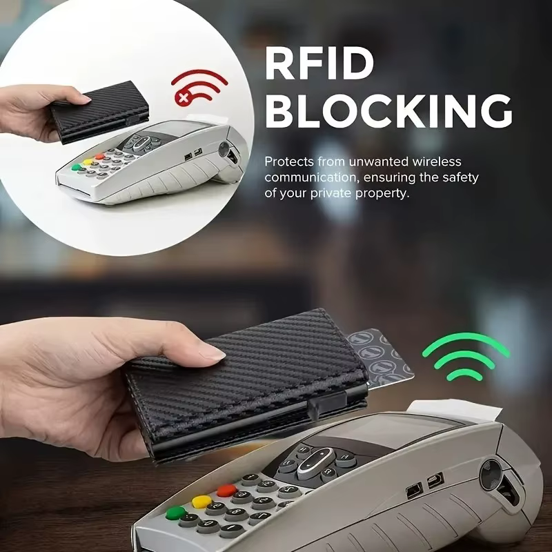 Carbon Shield Wallet showing card eject mechanism and carbon fiber texture